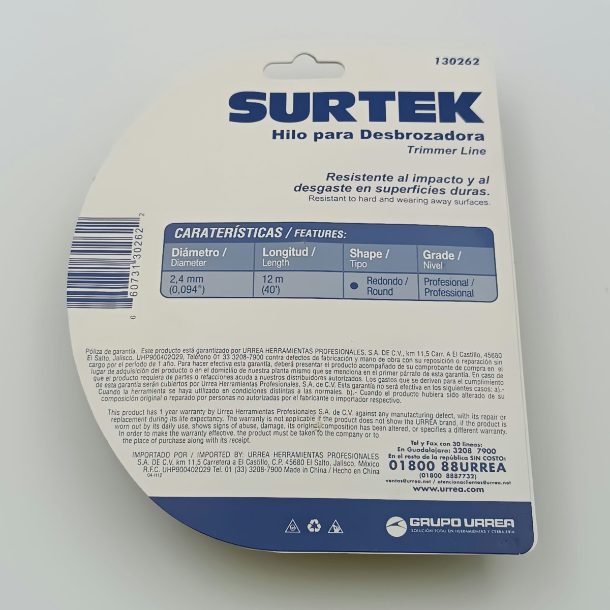 NYLON PARA DESBROZADORA EN BLISTER DE Ø 2.40 MM X 12 MT. -130262-SURTEK-199.2