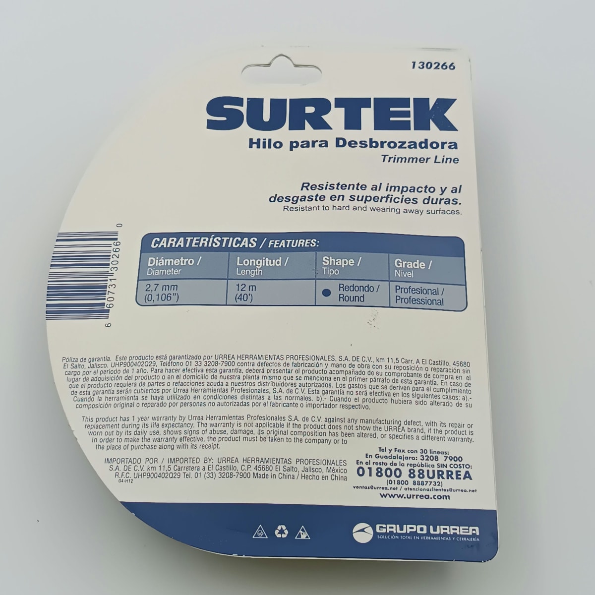 NYLON PARA DESBROZADORA EN BLISTER DE Ø 2.70 MM X 12 MT. -130266-SURTEK-199.2