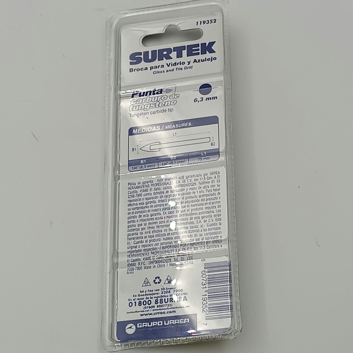 BROCA PARA VIDRIO Y AZULEJO DE Ø 1/4. -119352-SURTEK-23. 0