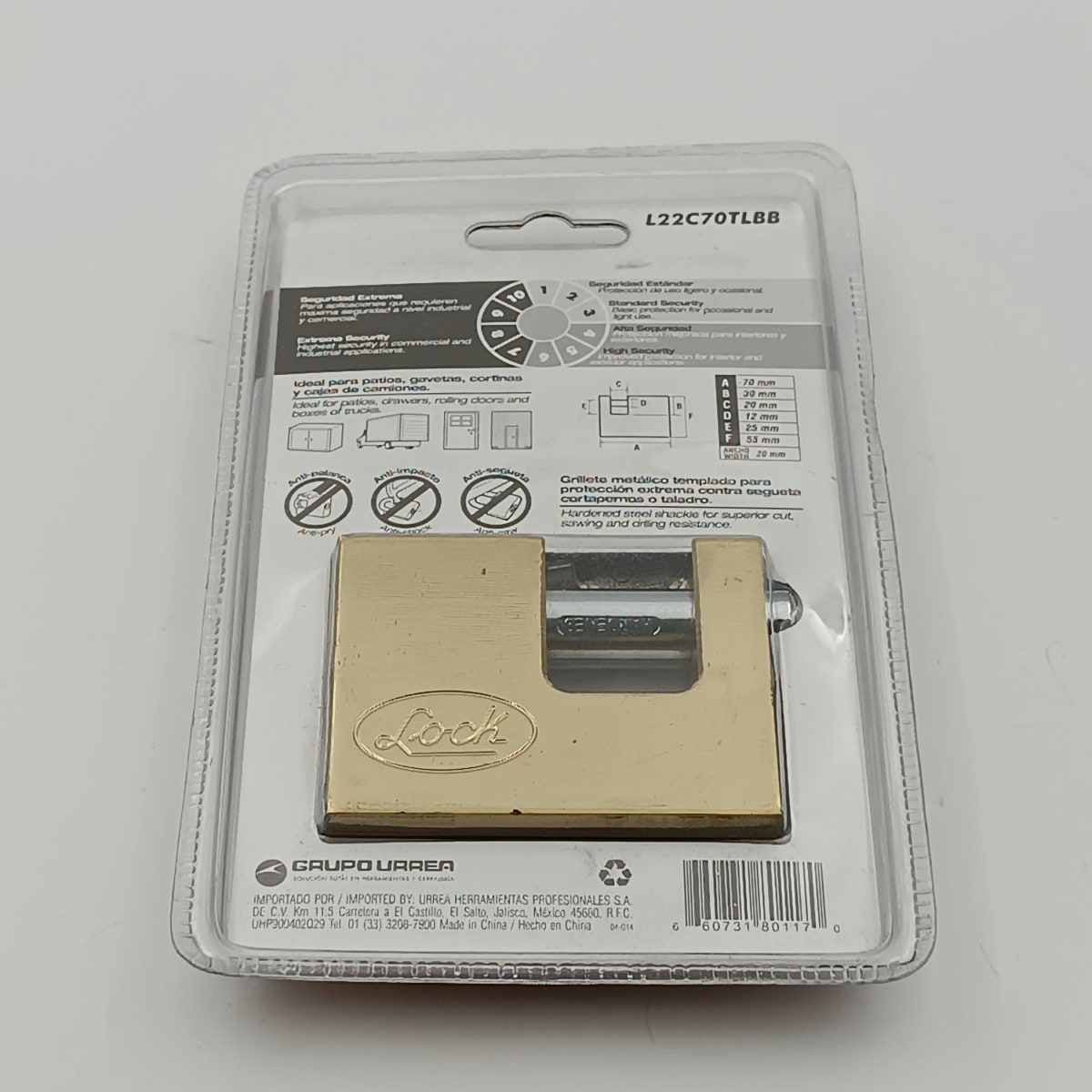 CANDADO PARA CORTINA METALICA. LATON BRILLANTE. LLAVE TETRA 70 MM. -L22C70TLBB-LOCK-2