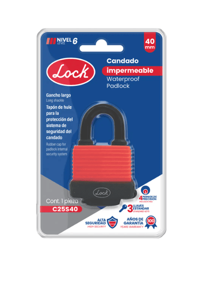 CANDADO IMPERMEABLE CORTO. LLAVE ESTANDAR DE 40 MM. -C25S40-LOCK- 0