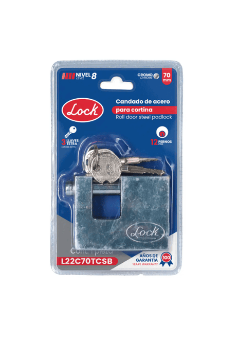 CANDADO PARA CORTINA METALICA. CROMO SATINADO. LLAVE TETRA 70 MM. -L22C70TCSB-LOCK-2