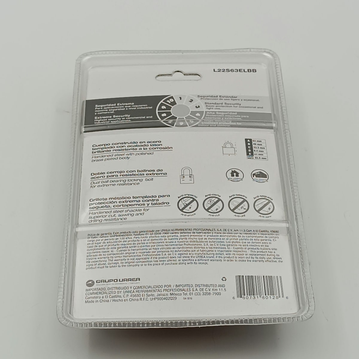 CANDADO CORTO DE LATON, LLAVE ESTÁNDAR DE 63 MM, -L22S63ELBB-LOCK-39.2