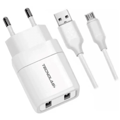 CARGADOR MICRO USB TECNOLAB DOBLE PUERTO CERTIFICADO 2.4A TL0411