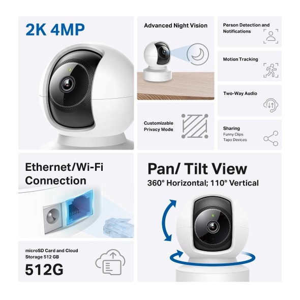 Cámara de Seguridad Tp-Link Tapo C222 2k QHD 360° y 110° Rj45 IA2