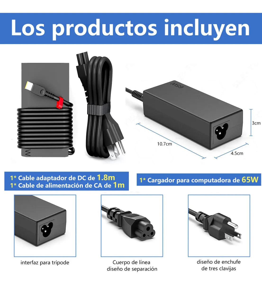 Cargador Alternativo De Notebook Usb-C Lenovo, Dell, Hp 20V 3.25A 65W Max 1.8 Metros Cable2