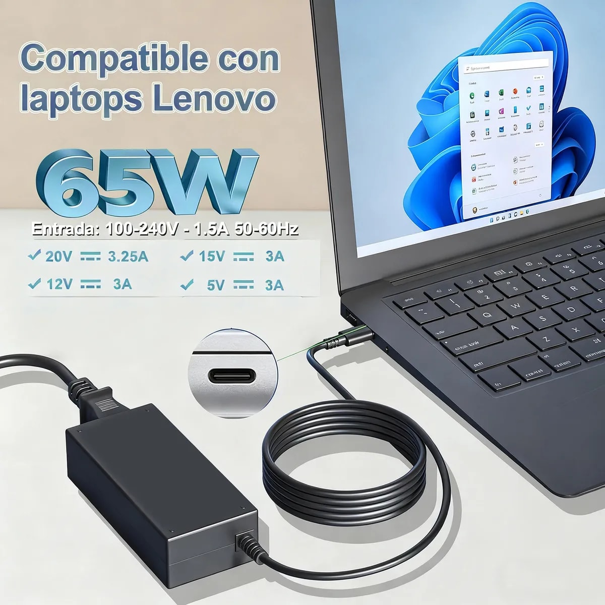 Cargador Alternativo De Notebook Usb-C Lenovo, Dell, Hp 20V 3.25A 65W Max 1.8 Metros Cable3