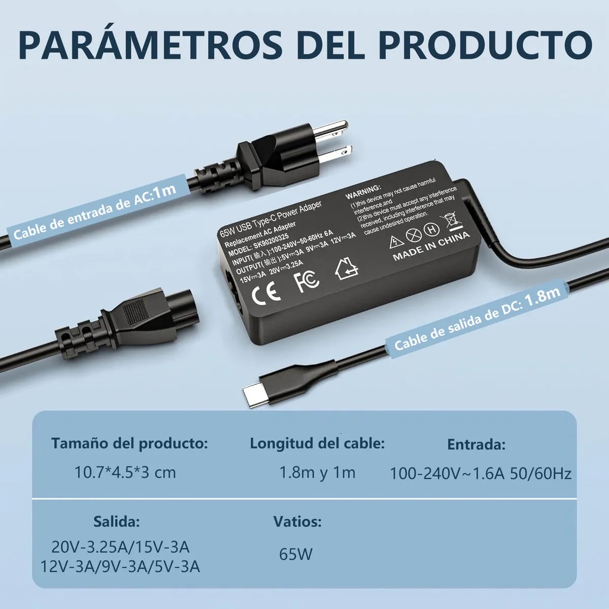Cargador Alternativo De Notebook Usb-C Lenovo, Dell, Hp 20V 3.25A 65W Max 1.8 Metros Cable4