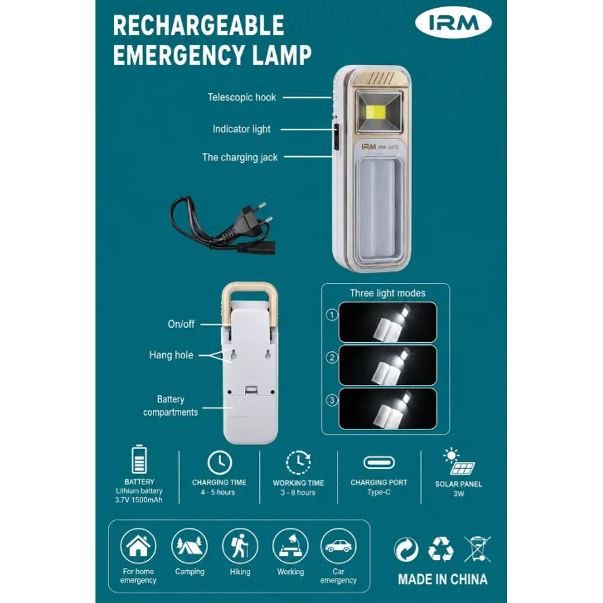 Lámpara De Emergencia Recargable 3-8 Horas Irm-134724