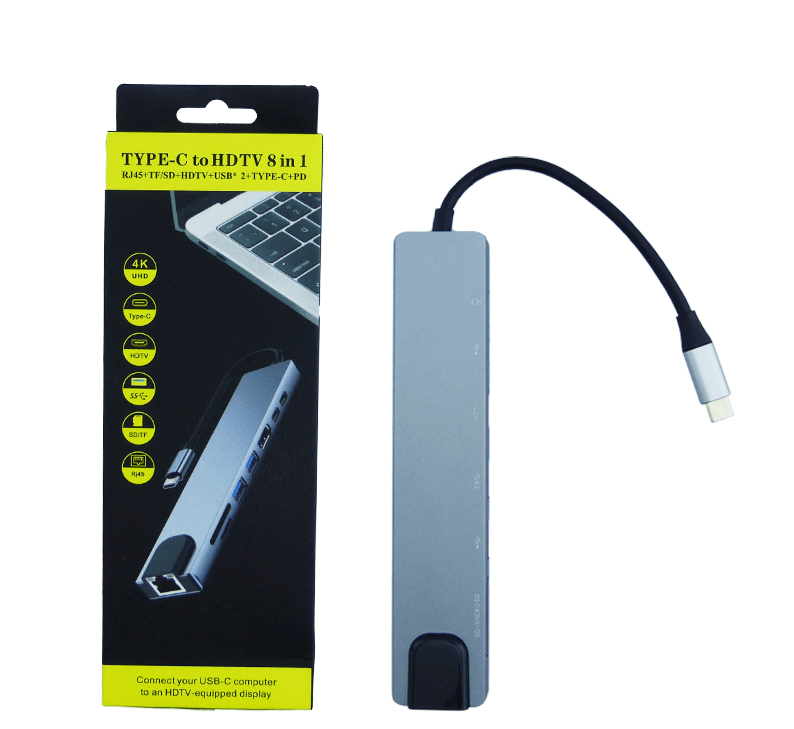 HUB TIPO-C 8 EN 1 RJ-45 SD/TF HDMI 2xUSB 3.0 2xUSB-C3