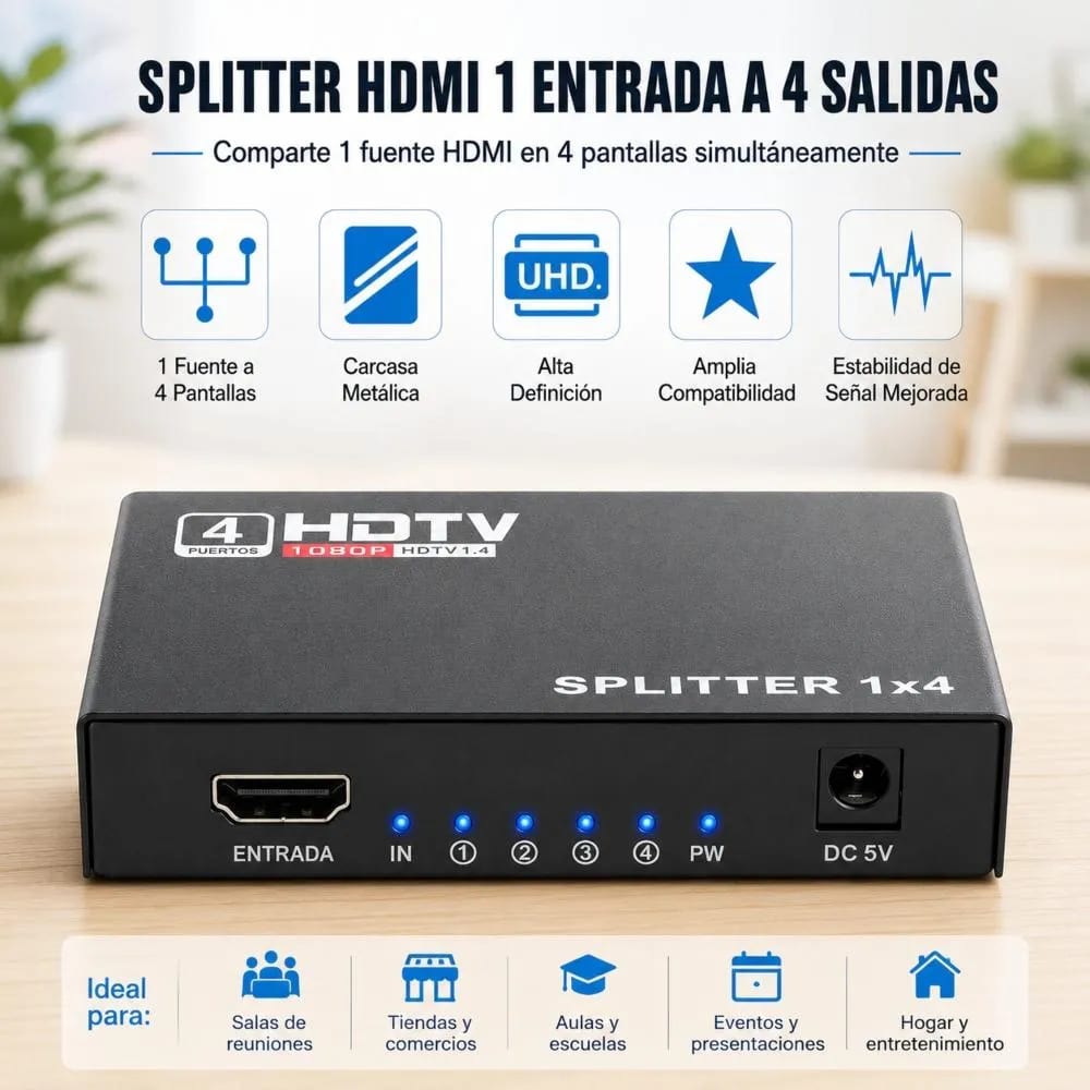 Splitter Hdmi Fhd 1080P 1X4 Metálico Activo Con Cargador3
