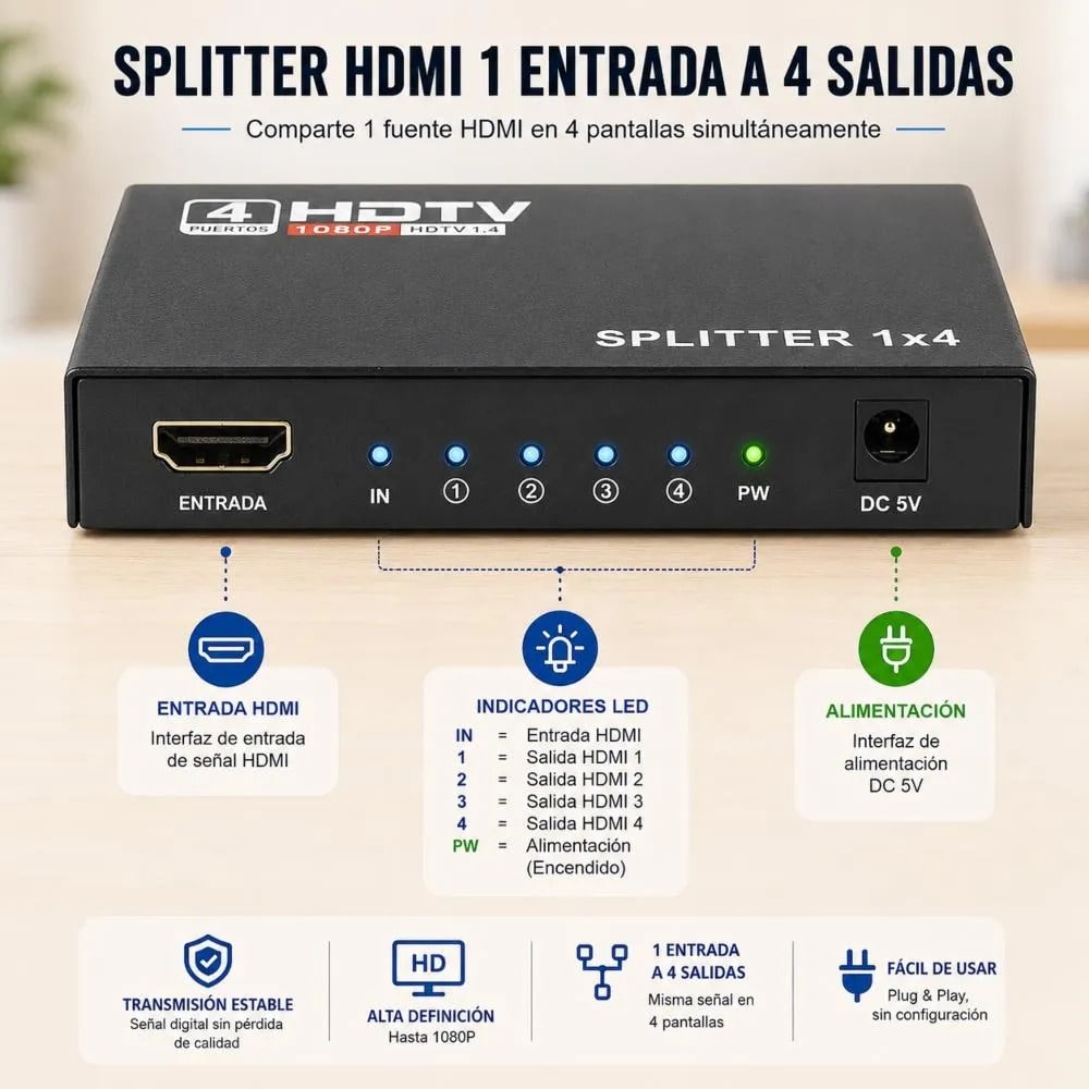 Splitter Hdmi Fhd 1080P 1X4 Metálico Activo Con Cargador5