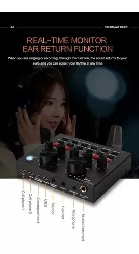Placa Consola De Sonido Audio Efectos Grabación Streaming V8 Vt-power Usb Microfono Miniplug3