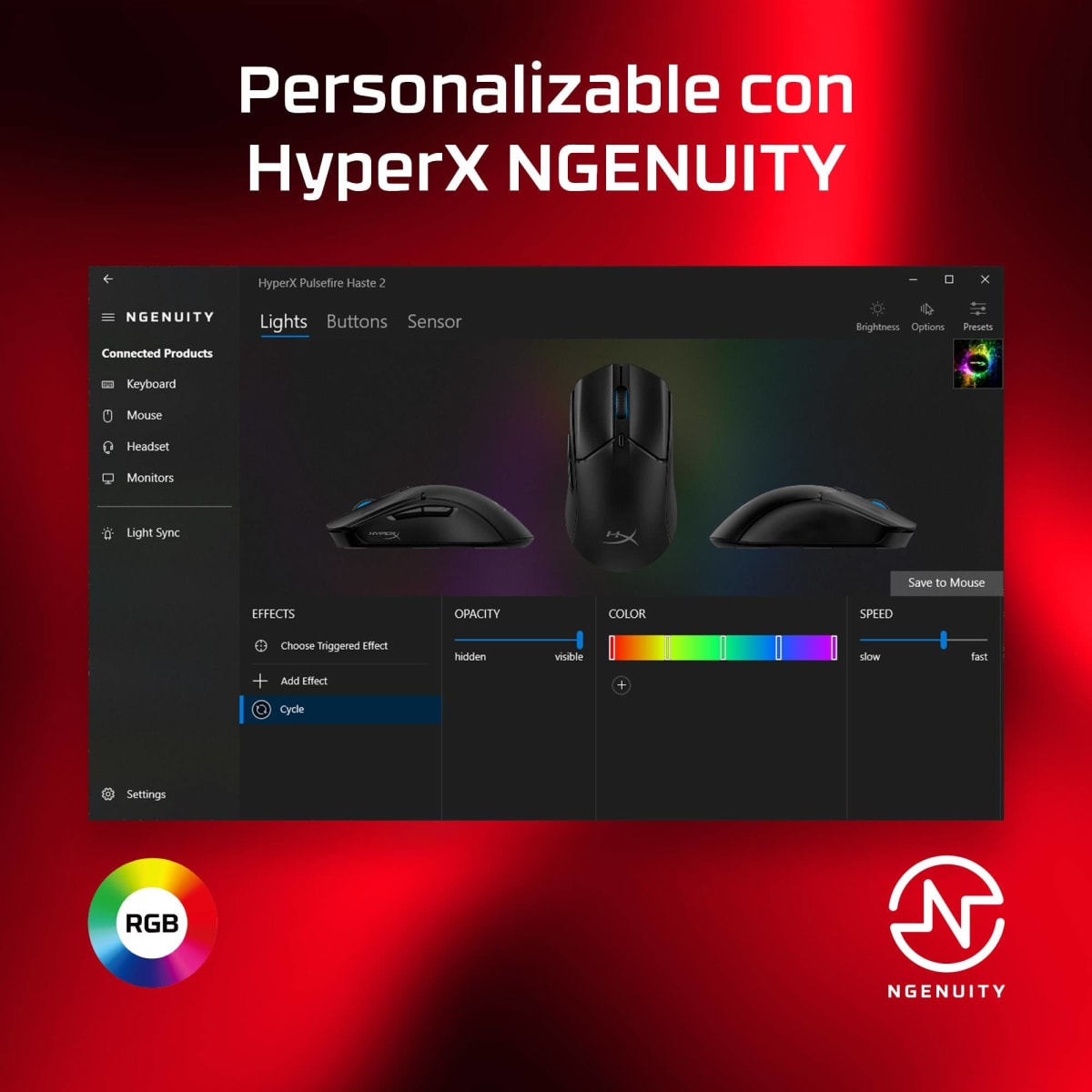 MOUSE GAMER HYPERX PULSE FIRE HASTE 2 SENSOR HYPERX 26K LIGERO 53G 6 BOTONES 26000 DPI6