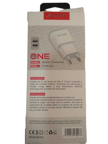 CARGADOR IPHONE LIGHTNING 2.1A/1.0A X-LIVE2