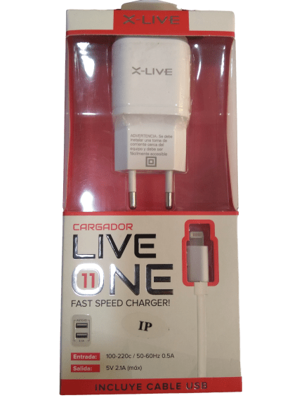 CARGADOR IPHONE LIGHTNING 2.1A/1.0A X-LIVE 0