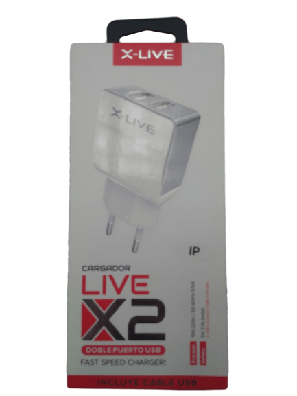 CARGADOR IPHONE LIGHTNING DOBLE PUERTO USB 2.1A X-LIVE2