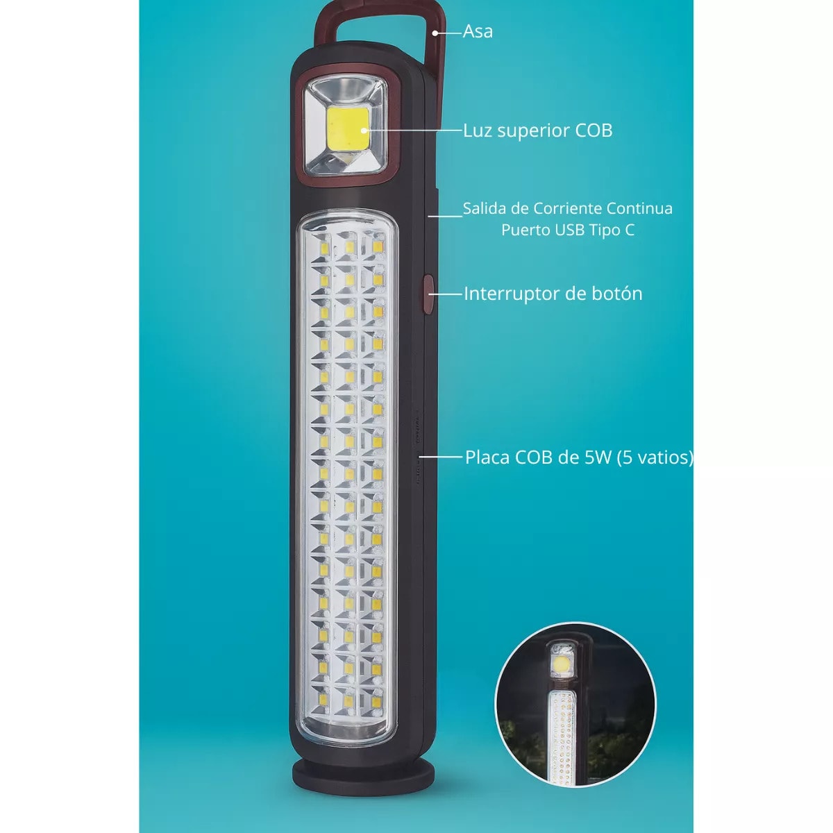 Lámpara Irm Emergencia Recargable Usb-C  Y Solar 3-8 Horas Bateria Negro Irm-126152