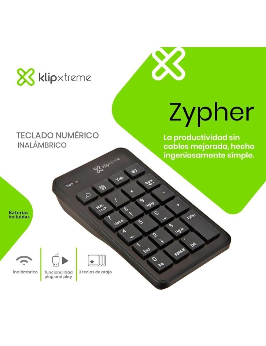 TECLADO NUMPÉRICO INALÁMBRICO KLIPX TREME ZYPHER KNP-110 2.4 GHZ USB 2.02
