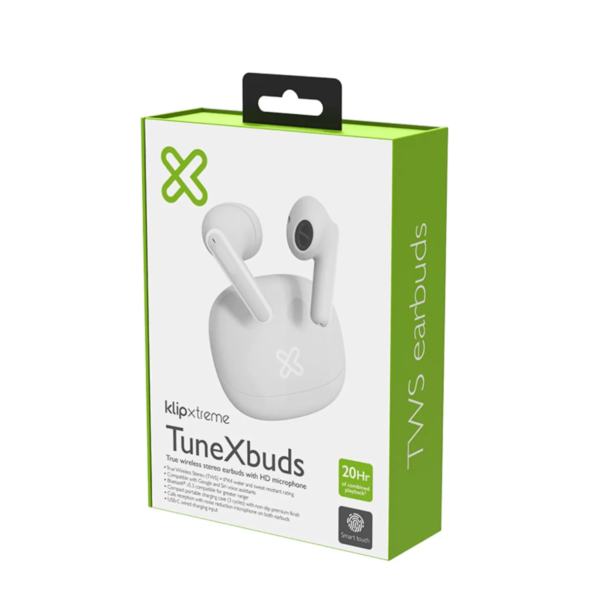 AUDIFONOS KLIP XTREME TRUE WIRELESS 20 HRS IPX4 GOOGLE Y SIRI KTE-007WH 0