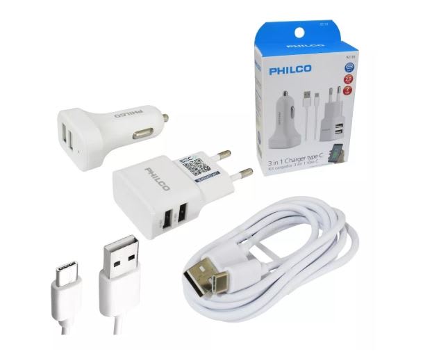 CARGADOR 3 EN 1 PHILCO TIPO C DOBLE USB + CARGADOR DE AUTO 2.0A 1