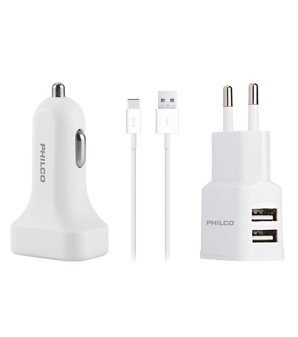 CARGADOR 3 EN 1 PHILCO TIPO C DOBLE USB + CARGADOR DE AUTO 2.0A1