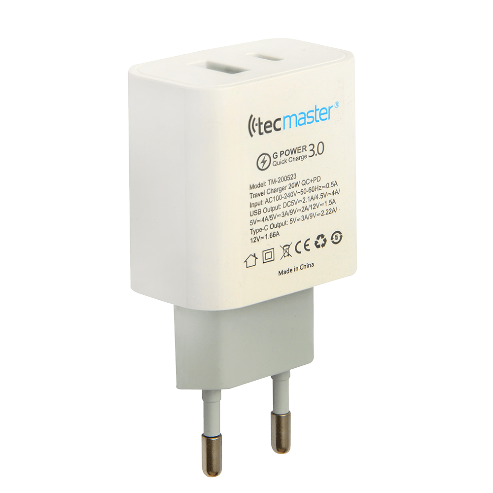 CARGADOR DE VIAJE TECMASTER USB-A QC + TIPO-C PD 20W TM-2005233
