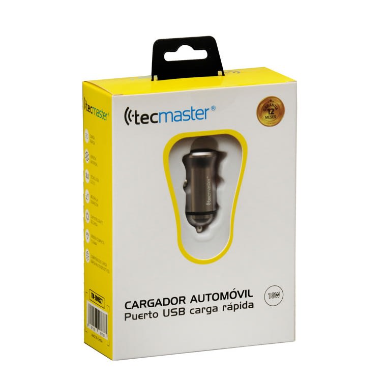 CARGADOR DE AUTO TECMASTER 1 PUERTO USB CARGA RÁPIDA 18W 3A TM-2005272