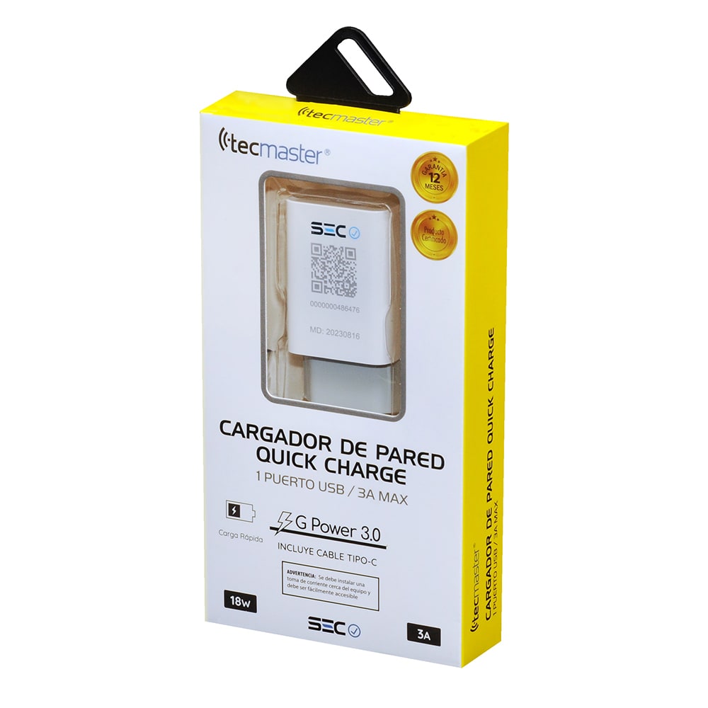 CAGADOR DE PARED TECMASTER 1 PUERTO USB 18W 3A TM-200516-12