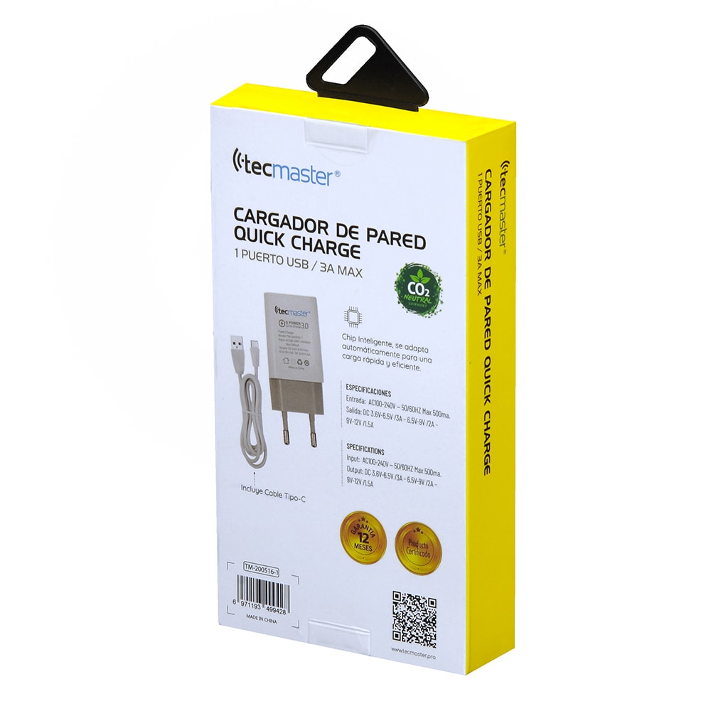 CAGADOR DE PARED TECMASTER 1 PUERTO USB 18W 3A TM-200516-14