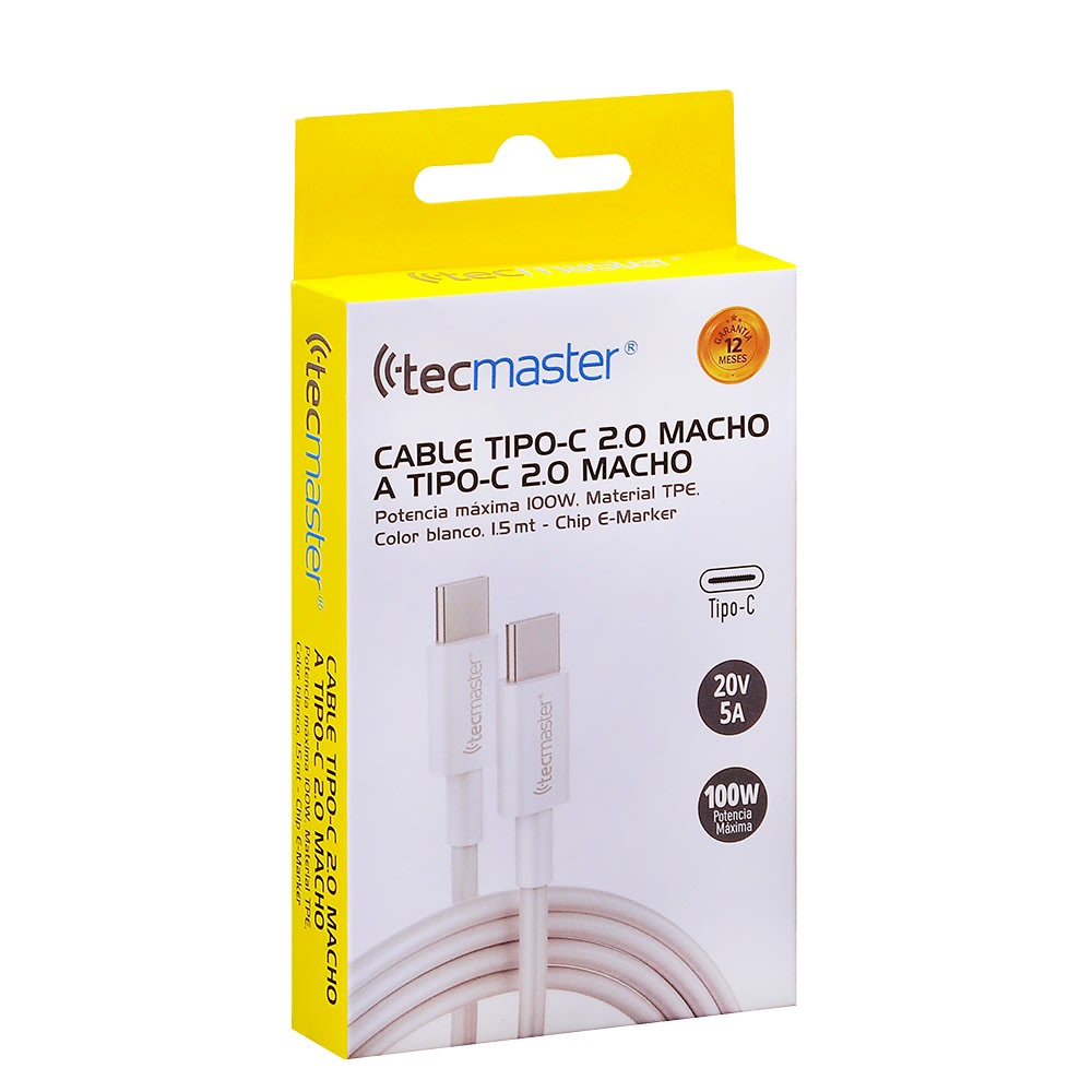CABLE TIPO-C A TIPO-C TECMASTER USB 2.0 100W 5A 1.5 METROS TM-2005314