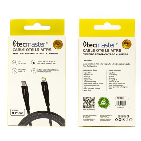 CABLE OTG TIPO-C A LIGHTNING TECMASTER 1.5 METROS CERT MFI CORDON TM-2005342