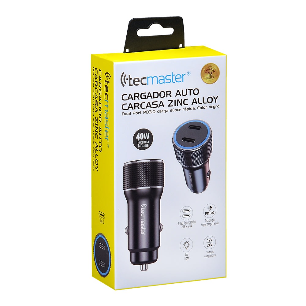CARGADOR DE AUTO TECMASTER DOBLE PUERTO USB-C 40W (20W + 20W) PD 3.0 12V/24V METALICO TM-2005424