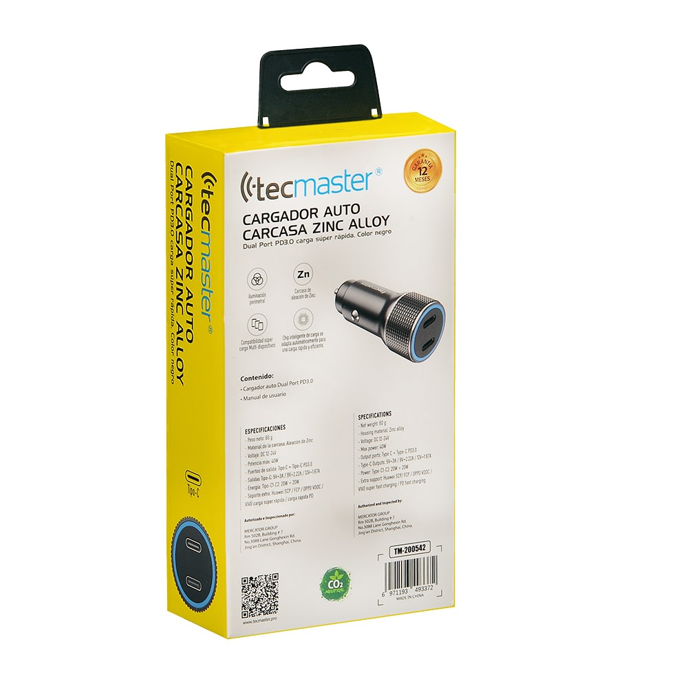 CARGADOR DE AUTO TECMASTER DOBLE PUERTO USB-C 40W (20W + 20W) PD 3.0 12V/24V METALICO TM-2005423