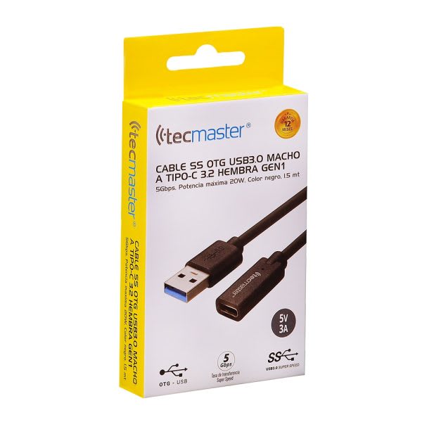Cable Ss Otg Usb 3.0 Macho A Tipo-C 3.2 Hembra Gen1 1.5 Metros Tm-2005465