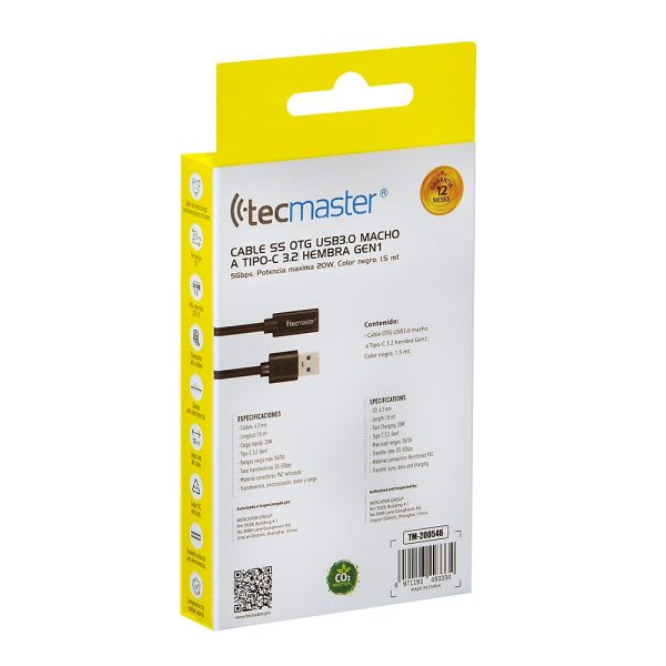 Cable Ss Otg Usb 3.0 Macho A Tipo-C 3.2 Hembra Gen1 1.5 Metros Tm-2005464