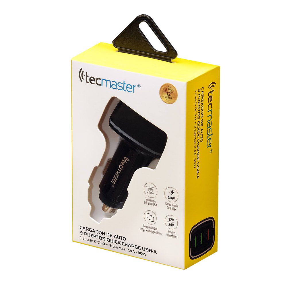 CARGADOR DE AUTO  TECMASTER 1 PUERTO QC 3.0 2 PUERTOS 2.4A 30W TOTAL TM-2005494