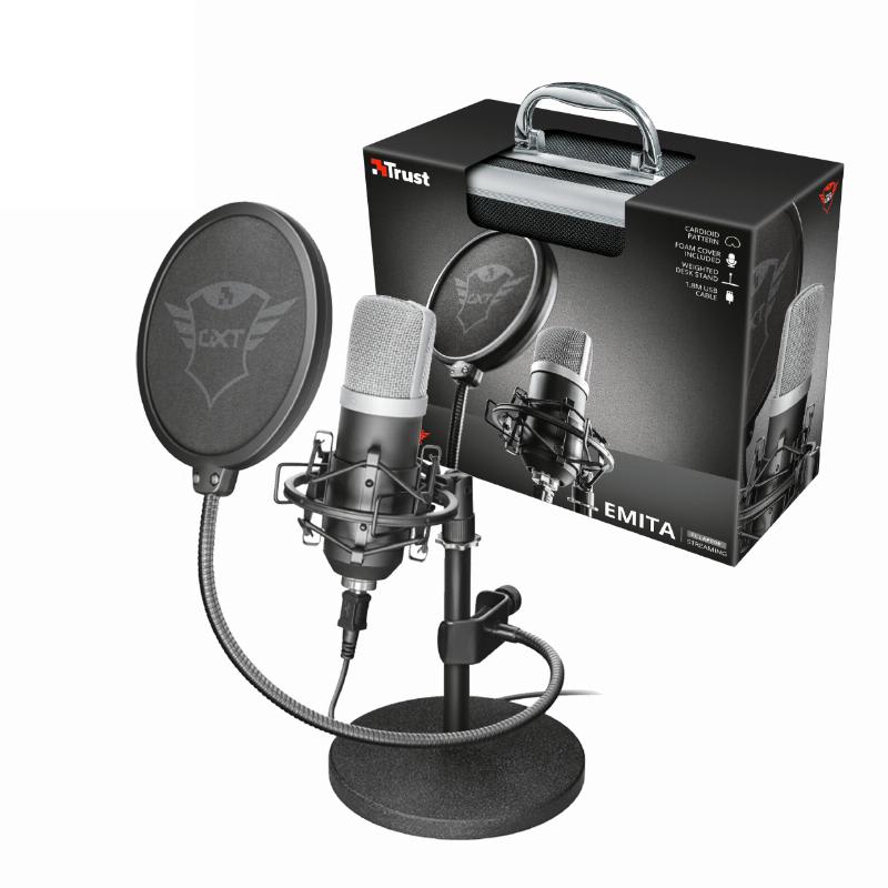 KIT MICRÓFONO CONDENSADOR TRUST EMITA C/FILTRO ANTIPOP, MALETA Y SOPORTE DE MESA GXT2523