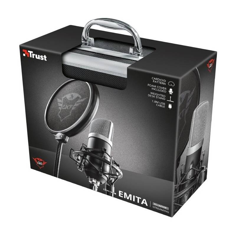 KIT MICRÓFONO CONDENSADOR TRUST EMITA C/FILTRO ANTIPOP, MALETA Y SOPORTE DE MESA GXT2524