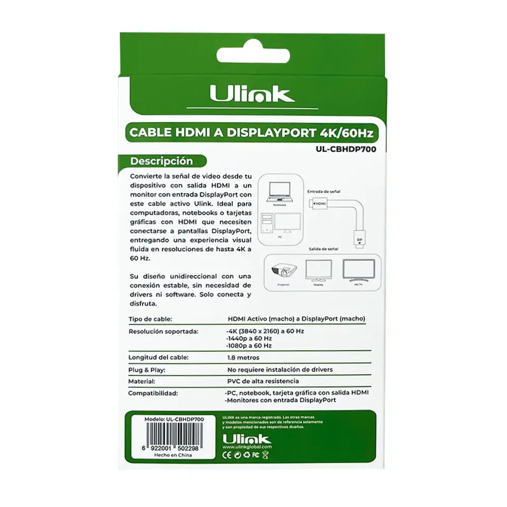 Cable Display port a Hdmi Ulink Uhd 4k/60hz 1.8 Metros3