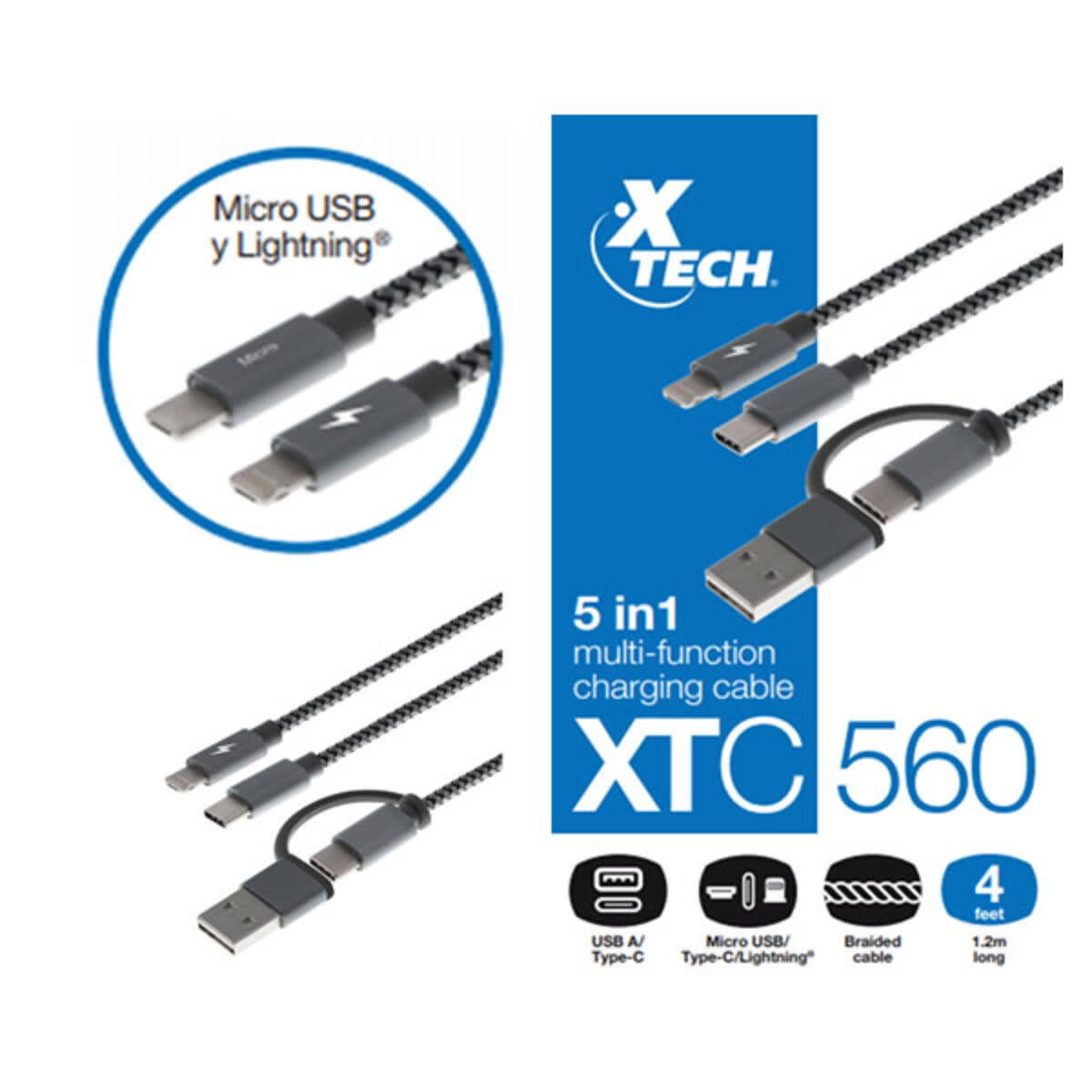 CABLE 5 EN 1 XTECH MICRO USB/LIGHTNING/TIPO-C XTC5603