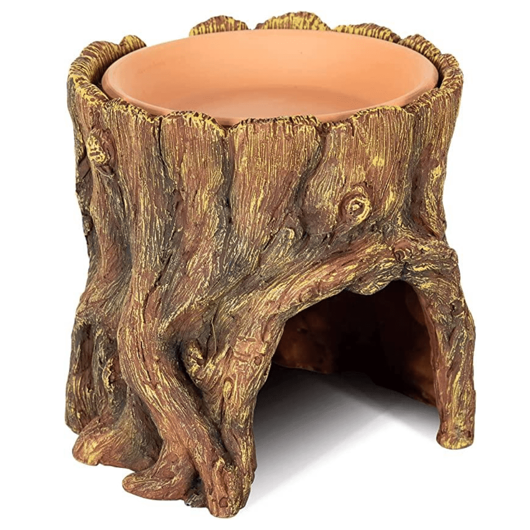 CUEVA EN FORMA DE TRONCO Y BEBEDERO DE TERRACOTA PARA REPTILES, REPTIZOO1