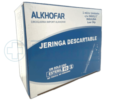 Jeringa 1 Ml 26G X 1/2 Insulina Alkhofar Caja X 100 Unid1