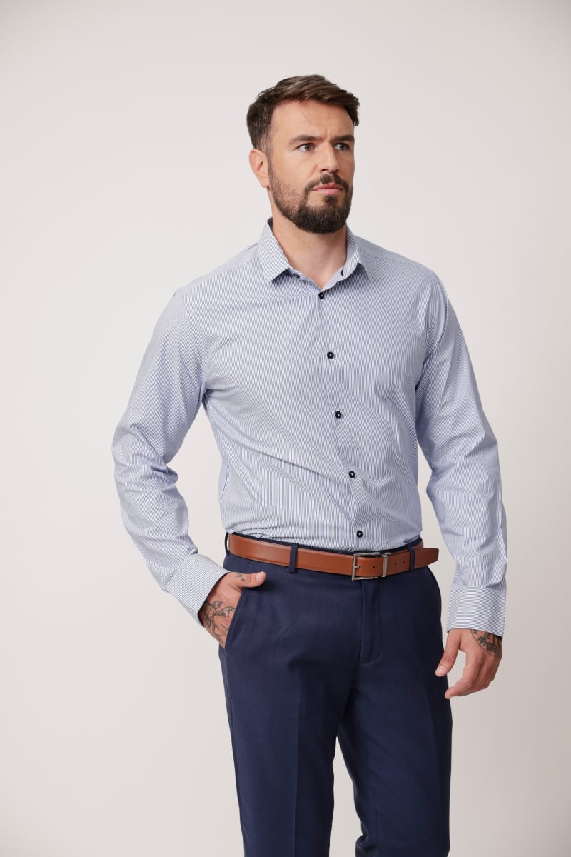 CAMISA COTTON BLEND SF049 AZUL RAYAS