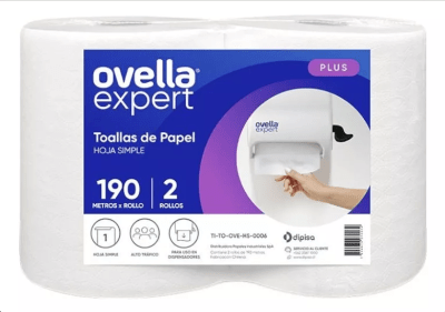 PAPEL TOALLA OVELLA JUMBO HOJA SIMPLE PACK 2 ROLLOS X 190 MTS.