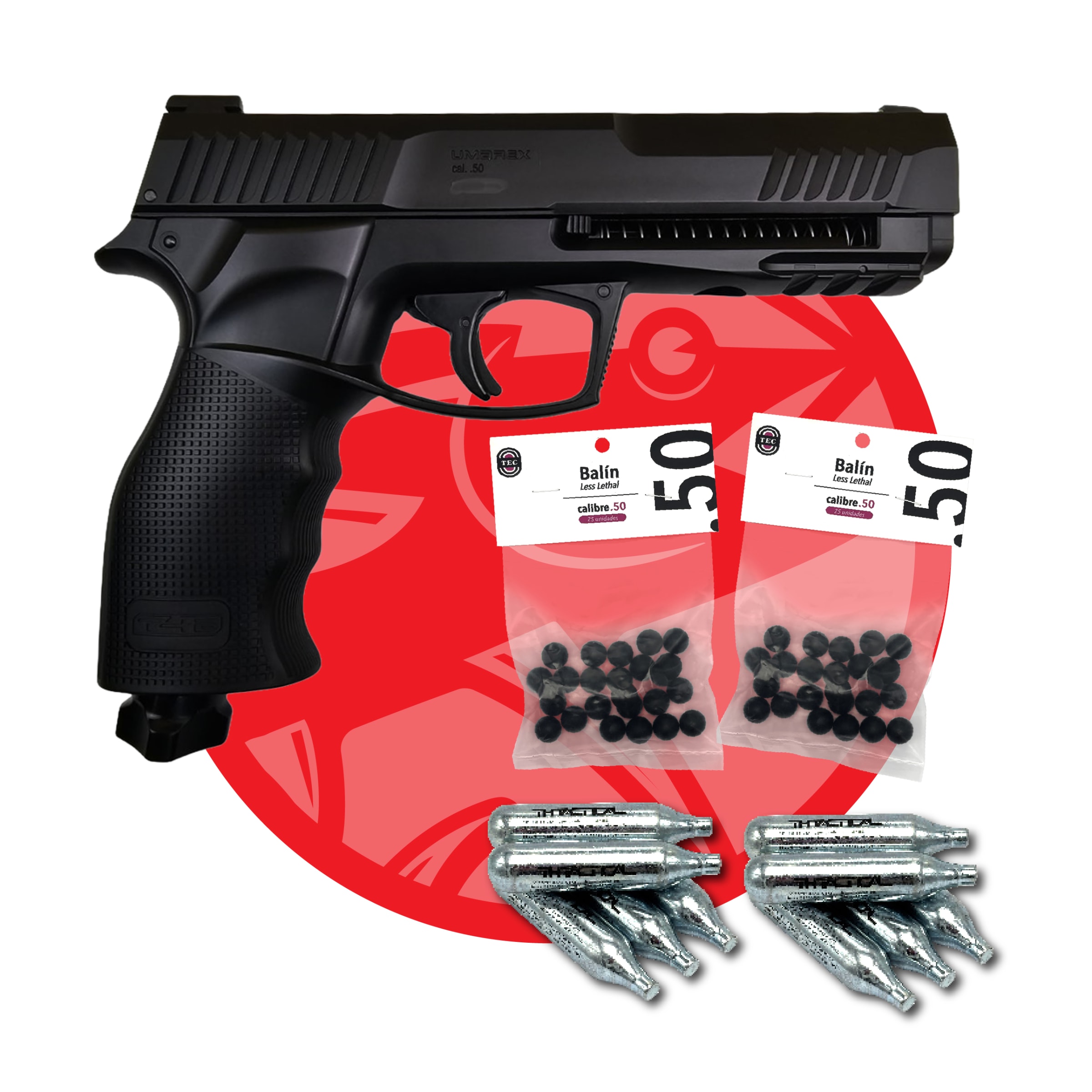 PACK PISTOLA UMAREX TP50 + 10 CO2 + 50 BALINES TRAUMATICOS CAUCHO