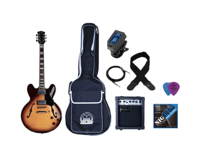 Guitarra Semi Hollow Sunburst + Amplificador y Accesorios