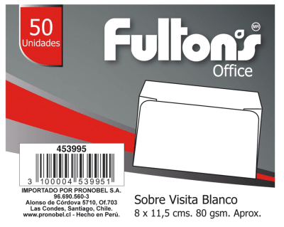 Sobre Para Carta Visita 80X115mm BLANCO 50uni 80grs  FULTON´S