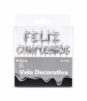 vela decorativa feliz cumpleaños plateada 52584