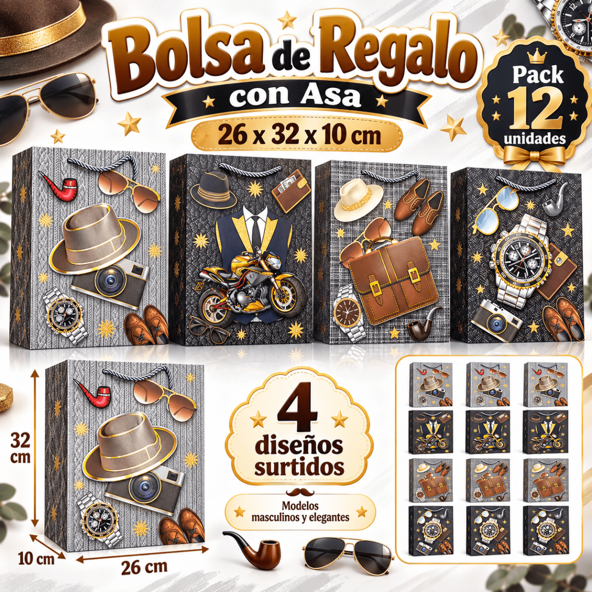 BOLSAS DE REGALO CABELLERO MEDIANA 26x32x10cm 12 UNIDADES 0